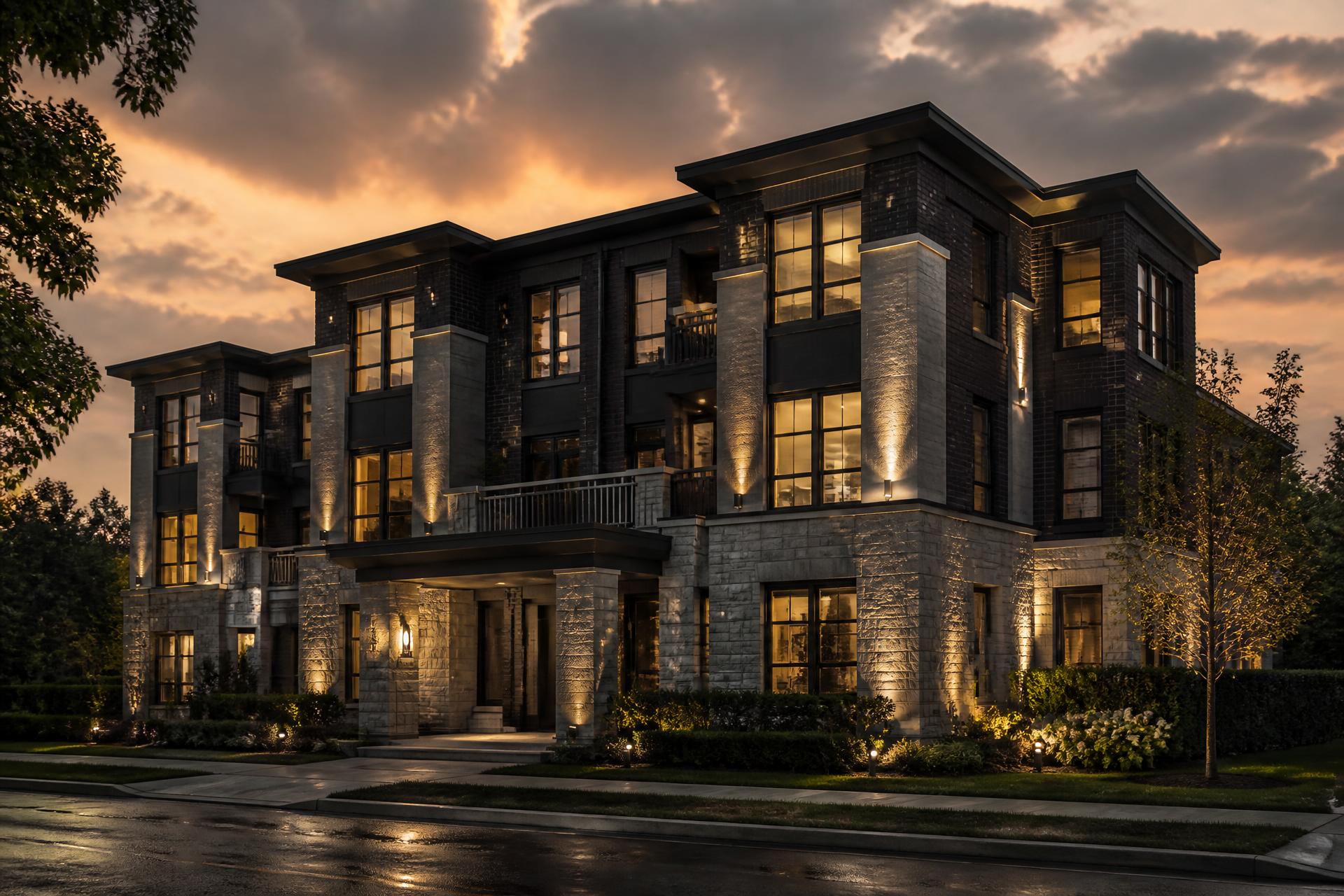 Managed residential property at dusk